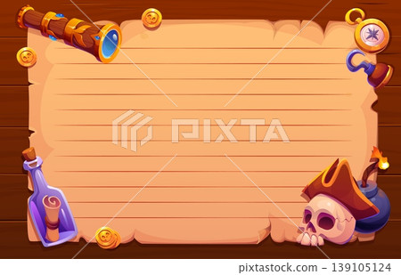 Old pirate paper scroll vintage memo note with piracy game icons. Lined parchment on wooden background with telescope, compass, hook, and skull in pirate hat. Vector memo note for pirate stationery Old pirate paper scroll vintage memo note with piracy game icons. Lined parchment on wooden background with telescope, compass, hook, and skull in pirate hat. Vector memo note for pirate stationery 139105124