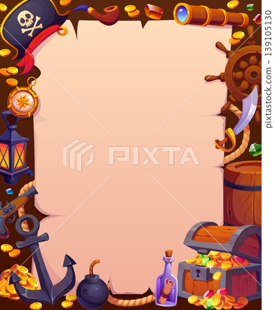 Pirate old paper scroll banner with frame of Caribbean corsair sailing items, cartoon vector background. Pirate banner with treasure chest and ship anchor, captain sailor tricorne hat and spyglass Pirate old paper scroll banner with frame of Caribbean corsair sailing items, cartoon vector background. Pirate banner with treasure chest and ship anchor, captain sailor tricorne hat and spyglass 139105130