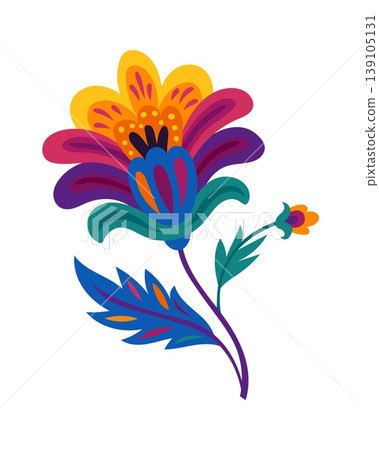 Mexican ethnic embroidery spring flower object with orange purple and green petal. Hispanic colorful nature isolated object, Mexico flower vector element. Latin American ethnic plant decoration Mexican ethnic embroidery spring flower object with orange purple and green petal. Hispanic colorful nature isolated object, Mexico flower vector element. Latin American ethnic plant decoration 139105131