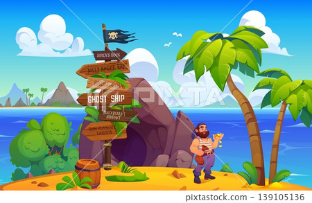 Caribbean pirate on tropical island near treasures cave and wooden corsair signboard. Bearded sailor holding gold coins beside direction post with pirate location names. Vector corsair for game design Caribbean pirate on tropical island near treasures cave and wooden corsair signboard. Bearded sailor holding gold coins beside direction post with pirate location names. Vector corsair for game design 139105136