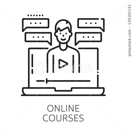 Corporate LMS online course line icon. Business training program linear pictogram, corporate learning management system vector symbol. Education course sign with laptop and student character Corporate LMS online course line icon. Business training program linear pictogram, corporate learning management system vector symbol. Education course sign with laptop and student character 139105141