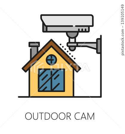 Home security outdoor camera color line icon or pictogram. House protection technology lineart vector icon, safety service sign. Security company symbol with surveillance camera and cottage house Home security outdoor camera color line icon or pictogram. House protection technology lineart vector icon, safety service sign. Security company symbol with surveillance camera and cottage house 139105149