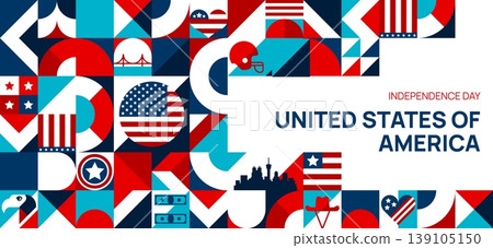 USA Independence Day banner with modern geometric pattern and United States of America landmarks and national symbols. Vector abstract tile background with patriotic holiday flag, stars and stripes USA Independence Day banner with modern geometric pattern and United States of America landmarks and national symbols. Vector abstract tile background with patriotic holiday flag, stars and stripes 139105150