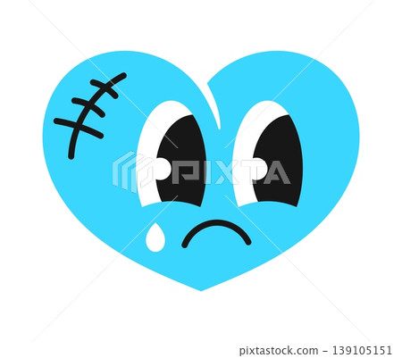 Retro Y2K groovy crying heart character sticker or funky tag. Funky cool vector label, Y2K 2000s patch. Vintage 90s sticker or retro nostalgic tag with scar on blue heart personage sad face Retro Y2K groovy crying heart character sticker or funky tag. Funky cool vector label, Y2K 2000s patch. Vintage 90s sticker or retro nostalgic tag with scar on blue heart personage sad face 139105151