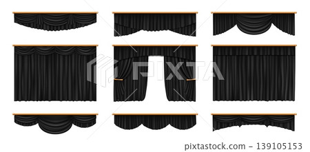 Theater stage black curtains. Realistic 3d vector set of dark valances with swags drapes, tiebacks and rods. Charcoal theater curtains for stage performance, theatrical, cinematic, presentation events 139105153