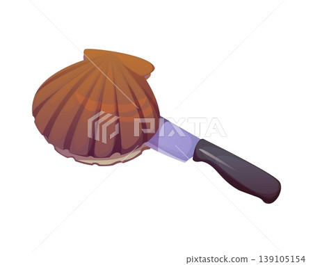 Cartoon scallop shell with kitchen knife in a cooking process scene where the chef blade opens the fresh marine shell, showing food preparation with seafood and kitchenware utensil for restaurant meal 139105154