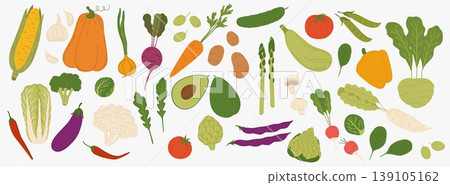 Ripe raw vegetables, vector food, veggies and greens. Flat cartoon carrot, potato, onion and cabbage, raw tomato and cucumber, broccoli and radish, pumpkin, spinach and arugula leafy vegetables 139105162