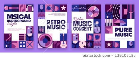 Musical posters with geometric music pattern background. Abstract graphic patterns set of purple piano, guitar, microphones and headphones, music notes, treble clef and geometric shapes mosaic Musical posters with geometric music pattern background. Abstract graphic patterns set of purple piano, guitar, microphones and headphones, music notes, treble clef and geometric shapes mosaic 139105183