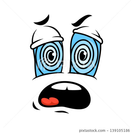Cartoon funny face with spiraling blue eyes, raised brows and open mouth conveying dizzy, shocked and bewildered emotion and expressions. Confused emoticon reaction, and scared expressive character 139105186