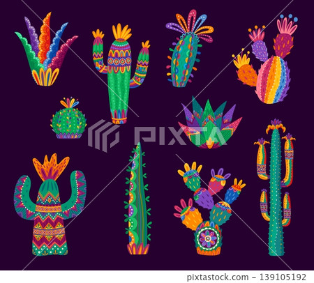 Mexican cactus succulent plants with flowers, vector Mexico folk art decor. Cartoon mexican desert cactus set, green saguaro and agave cacti with color pattern of otomi embroidery flowers and thorns Mexican cactus succulent plants with flowers, vector Mexico folk art decor. Cartoon mexican desert cactus set, green saguaro and agave cacti with color pattern of otomi embroidery flowers and thorns 139105192