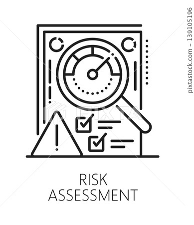Risk assessment inspection line icon or label. Product regulation inspection icon, quality control vector symbol. Factory regulatory certification pictogram with magnifying glass, pressure gauge 139105196