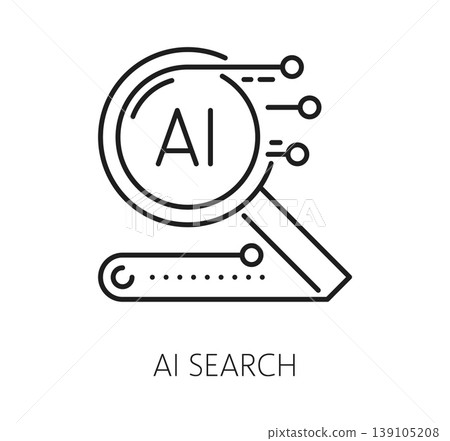 AI search, artificial intelligence technology icon featuring magnifying glass with AI label and search bar on white background with AI Search lettering. Vector symbol for technology websites 139105208
