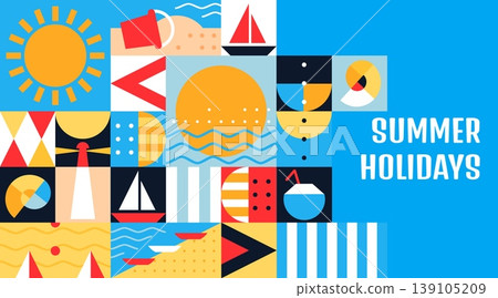 Summer travel and vacation journey banner with geometric pattern, vector background. Summer travel pattern of geometric mosaic sea beach and sun, yacht and boat on ocean waves with seashells 139105209