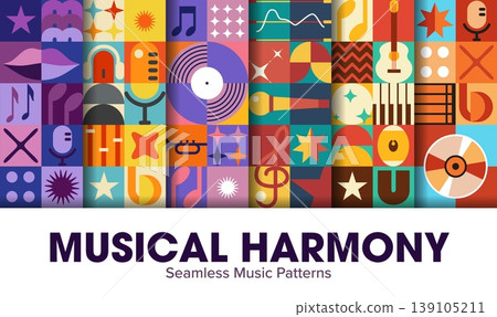 Geometric music seamless patterns set featuring colorful mosaic tiles with musical instruments, vinyl records, microphone and treble clefs. Vector patterns for music event posters or festival branding Geometric music seamless patterns set featuring colorful mosaic tiles with musical instruments, vinyl records, microphone and treble clefs. Vector patterns for music event posters or festival branding 139105211