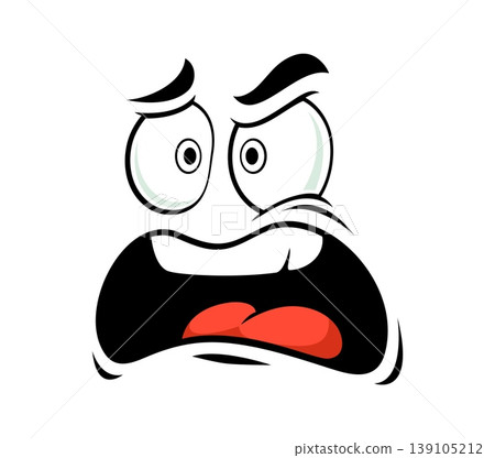 Cartoon face with furious expression. Character with heavy slanted brows, bulging eyes and gaping black mouth with red tongue. Angry emotion face for social media reactions and stickers Cartoon face with furious expression. Character with heavy slanted brows, bulging eyes and gaping black mouth with red tongue. Angry emotion face for social media reactions and stickers 139105212