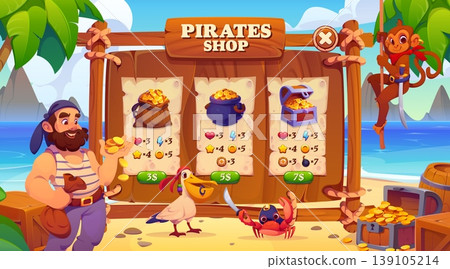 Pirate game interface, wooden shop window with funny Caribbean corsair, cartoon monkey, pelican and crab characters on tropical island beach with palm. Sea adventure fantasy vector game menu assets Pirate game interface, wooden shop window with funny Caribbean corsair, cartoon monkey, pelican and crab characters on tropical island beach with palm. Sea adventure fantasy vector game menu assets 139105214