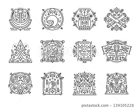 Sacred esoteric corsair pirate and nautical symbols with celestial signs, vector line icons. Pirate sacred geometry esoteric symbols of corsair ship anchor in ocean wave, Jolly Roger skull flag Sacred esoteric corsair pirate and nautical symbols with celestial signs, vector line icons. Pirate sacred geometry esoteric symbols of corsair ship anchor in ocean wave, Jolly Roger skull flag 139105228