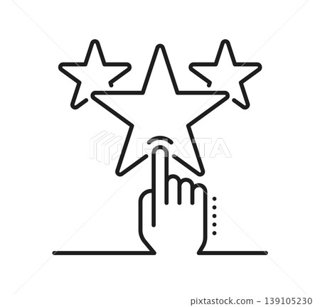 Ranking star pictogram and best quality icon. Review and rating star with hand and finger touch selection. User interface vector line symbol, representing best mark and customer satisfaction system 139105230