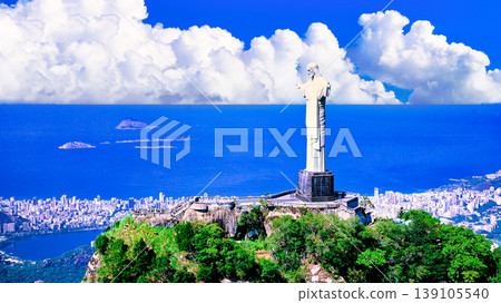 Christ the Redeemer statue on Corcovado Hill, combined with clouds. Christ the Redeemer statue on Corcovado Hill, combined with clouds. 139105540