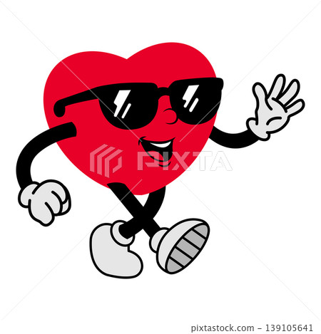 Retro cartoon heart character mascot. A groovy vector illustration for a communication theme. Cheerful cartoon heart character with a wide smile. Vector illustration for a social media, shopping, Retro cartoon heart character mascot. A groovy vector illustration for a communication theme. Cheerful cartoon heart character with a wide smile. Vector illustration for a social media, shopping, 139105641