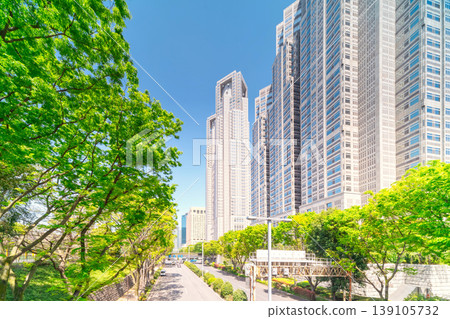 東京的商業區,被藍天和綠樹環繞。 東京的商業區,被藍天和綠樹環繞。 139105732