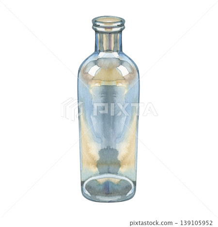 Hand drawn watercolor illustration of a tall blue glass bottle or flask. This elegant glassware element for vintage laboratory, apothecary, or kitchen-themed designs. 139105952