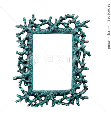 A photo frame with a dark green coral texture cut out from a white background. 139106045