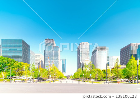 Tokyo Station as seen from in front of the Imperial Palace in springtime, Tokyo 139106128