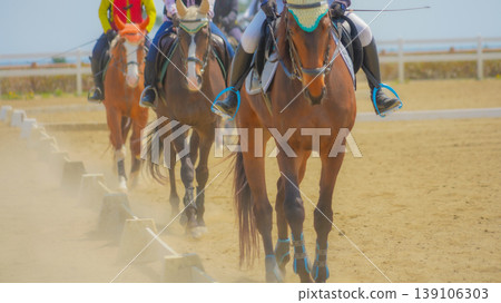 A line of horses walking through the dust. 139106303