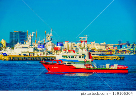 Fireboats sailing through Yokohama Port Fireboats sailing through Yokohama Port 139106304