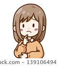 A chibi-style illustration of a young woman with her finger on her chin, looking troubled. 139106494