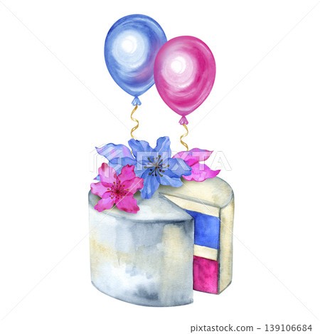 Hand drawn watercolor illustration of a festive gender reveal cake. This celebratory composition features a white-frosted cake with a slice removed to show alternating pink and blue layers. Hand drawn watercolor illustration of a festive gender reveal cake. This celebratory composition features a white-frosted cake with a slice removed to show alternating pink and blue layers. 139106684