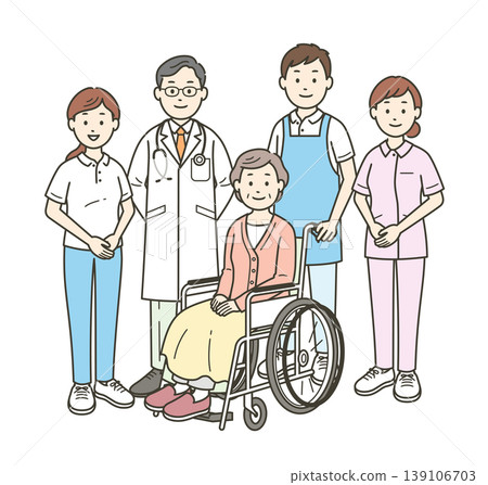 一幅插圖描繪了一位坐在輪椅上的老婦人，以及一位護理員、一位醫生和一位護士。 139106703