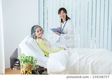 Senior woman living in a nursing home and a woman in a white coat Senior woman living in a nursing home and a woman in a white coat 139106757