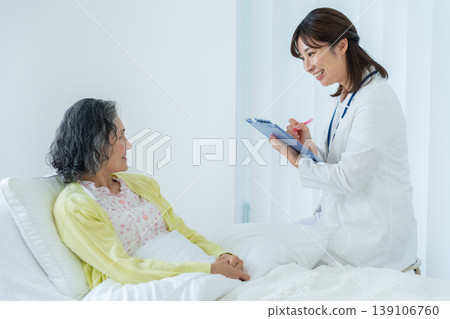 Senior woman living in a nursing home and a woman in a white coat Senior woman living in a nursing home and a woman in a white coat 139106760