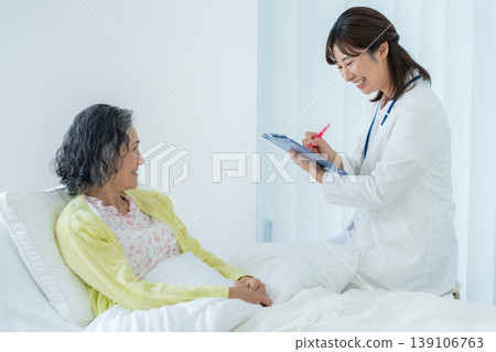 Senior woman living in a nursing home and a woman in a white coat Senior woman living in a nursing home and a woman in a white coat 139106763