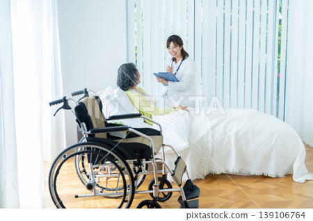 Senior woman living in a nursing home and a woman in a white coat Senior woman living in a nursing home and a woman in a white coat 139106764