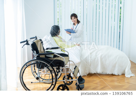 Senior woman living in a nursing home and a woman in a white coat Senior woman living in a nursing home and a woman in a white coat 139106765