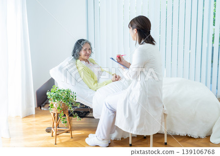 Senior woman living in a nursing home and a woman in a white coat Senior woman living in a nursing home and a woman in a white coat 139106768