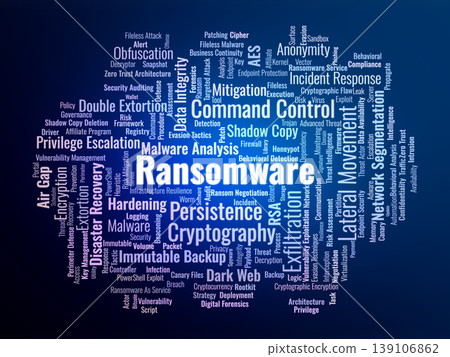 Ransomware Word Cloud. A specialized visual overview of encryption logic, extortion tactics, and cybersecurity defense frameworks used to combat modern malicious software threats. Ransomware Word Cloud. A specialized visual overview of encryption logic, extortion tactics, and cybersecurity defense frameworks used to combat modern malicious software threats. 139106862