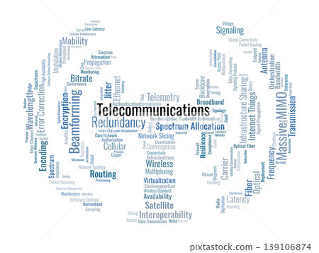 Telecommunications Word Cloud. A technical visual representation of global connectivity, physical layer engineering, signal modulation, and software-defined networking architectures. Telecommunications Word Cloud. A technical visual representation of global connectivity, physical layer engineering, signal modulation, and software-defined networking architectures. 139106874