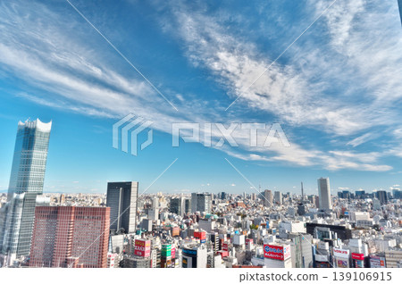 從新宿的一棟高樓眺望,可以看到廣闊的城市天際線,湛藍的天空點綴著朵朵白雲,遠處是成片的建築。 從新宿的一棟高樓眺望,可以看到廣闊的城市天際線,湛藍的天空點綴著朵朵白雲,遠處是成片的建築。 139106915