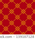 Traditional flower pattern seamless background Thai style, yellow line art on red background. Thai art and design concept for poster, postcard, backdrop, billboard, banner, textile, print, fabric. col 139107128