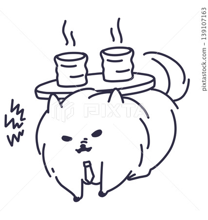 一幅線條畫插圖,描繪了一隻成年博美犬被迫泡茶,顯得很不耐煩。 一幅線條畫插圖,描繪了一隻成年博美犬被迫泡茶,顯得很不耐煩。 139107163