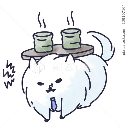An illustration of a working adult Pomeranian who is annoyed at being made to serve tea. An illustration of a working adult Pomeranian who is annoyed at being made to serve tea. 139107164