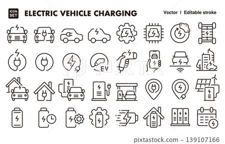 電動車及電動車充電圖示集(細線,向量材質)電池、充電、電動車素材 電動車及電動車充電圖示集(細線,向量材質)電池、充電、電動車素材 139107166