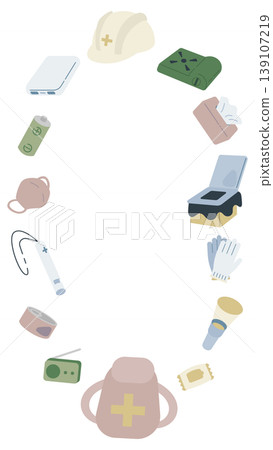 Frame material with copy space, featuring a vertical arrangement of disaster prevention supplies. Frame material with copy space, featuring a vertical arrangement of disaster prevention supplies. 139107219