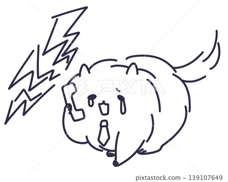 一幅描繪成年博美犬接聽顧客抱怨電話的線條畫。 一幅描繪成年博美犬接聽顧客抱怨電話的線條畫。 139107649