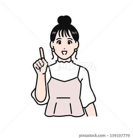 一幅簡單的向量插圖,描繪了一位頭髮紮起來的年輕女子,面帶微笑,指著前方。 一幅簡單的向量插圖,描繪了一位頭髮紮起來的年輕女子,面帶微笑,指著前方。 139107770