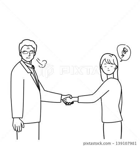 一幅簡單的線條畫插圖，描繪了一位女士在與客戶和她專橫的男老闆握手時感到困惑的情景。 139107981